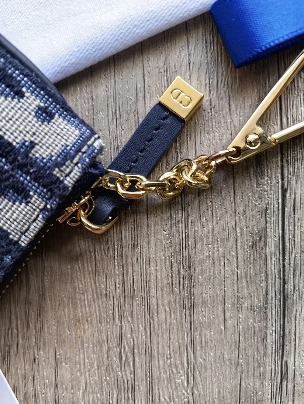 Dior Navy Blue and Cream Oblique Canvas Card Pouch with Gold Hardware